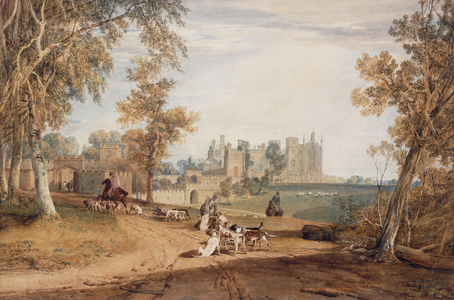 The North-West Front, Cassiobury, with Hounds and Huntsmen,  (watercolour and pencil)