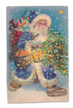 Edwardian postcard of Father Christmas with a sack of toys carrying a lantern, c.1910 (colour litho)