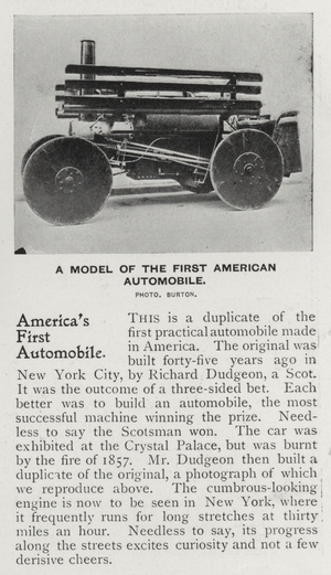 Model of Richard Dudgeon's steam automobile, the first practical automobile made in the United States, invented in 1855 (b/w photo)