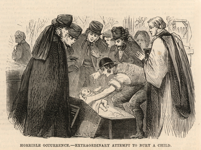 Extraordinary attempt to bury a child (engraving)
