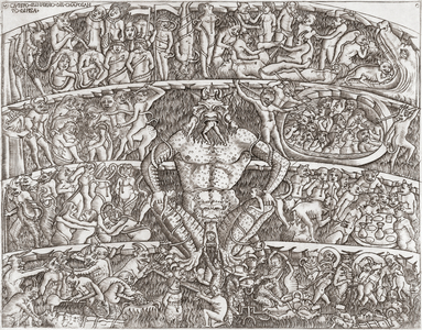 A medieval vision of Hell.   The Devil and his assistants attend to recently arrived sinners.  After a later version of an anonymous 15th century work.