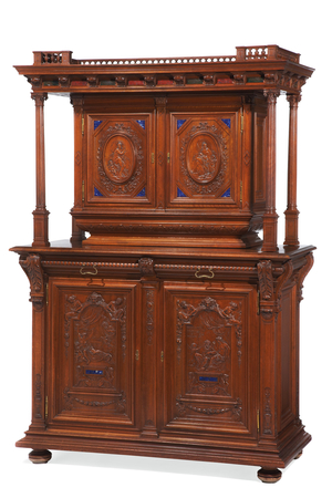 Renaissance revival pietra-dura mounted meuble-a-deux-corps, c.1860-80 (walnut)