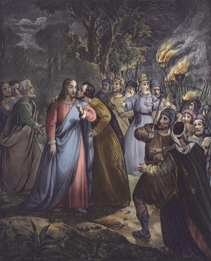 Judas betrays his master (colour litho)