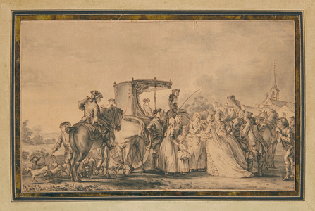Marie Antoinette, exiting her carriage and surrounded by her cortege, comforting a peasant, 1773 (pen & ink and wash on paper)