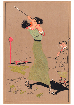 A print of two golfers in comic and humorous postures, c.1920 (colour litho)
