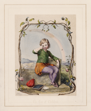 Child crying under a climbing rose (colour litho)