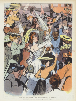 Women saying farewell to King Edward VII as he leaves the Gare des Invalides in Paris after his  (colour litho)
