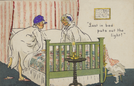 "Last in bed puts out the light!" (colour litho)