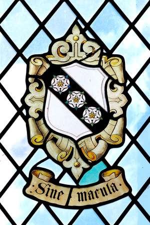 Sine Macula, Without Blemish, Without Stain, heraldic stained glass window of the Carey Family, East Barsham Manor, Norfolk, England, UK