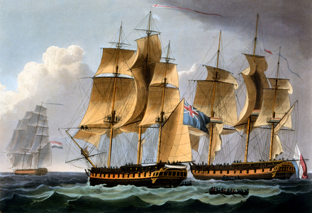 Capture of the Furie and Waakzaamheid, October 23rd 1796, from 'The Naval Achievements of Great Britain' by James Jenkins, engraved by Thomas Sutherland, published 1817 (hand-coloured aquatint)