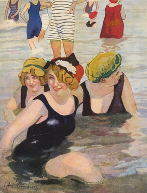 Seaside bathing scene (colour litho)