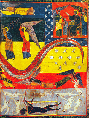 Spain: The Woman and the Dragon (recto), the devil chained in hell.  From the Beatus of Leon version of the Apocalypse (1047 CE).