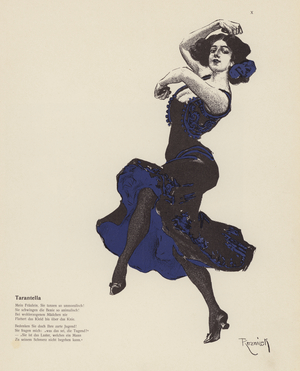 Woman dancing a tarantella (colour litho)