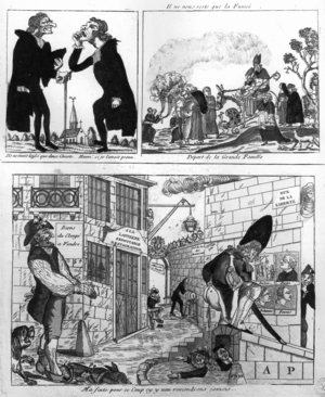 anticlerical cartoon about the decree on new religious liberties of august 24, 1790 during the French Revolution, engraving