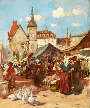 A Busy French Market (oil on canvas)