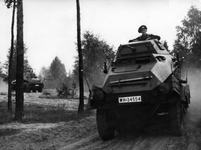 Armored reconnaissance vehicle of the Wehrmacht during a maneuver, 1937 (b/w photo)