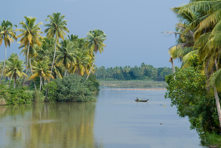 Small boat on tropical inland backwater river fringed by palm trees, near Kumarakom, Kottayam, Kerala, India (photo)