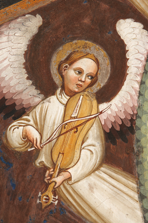 "Assumption of the Virgin" and "the Virgin Mary dropping the girdle or Holy Belt to St. Thomas ", Detail of an angel playing music and a violin, c.1420 (fresco)