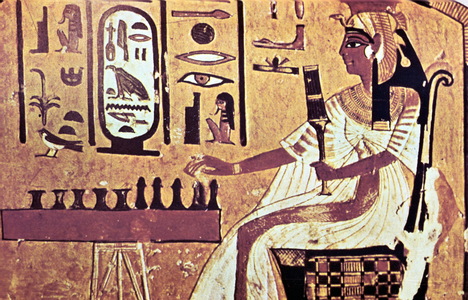 Nefetari, favourite queen of Ramses II (Rameses 1304-12137 BC) seated, playing Senat the Egyptian board game which is forerunner of chess.  Her cartouche is highlighted in white. Wall painting from tomb of Nefetari, Thebes.