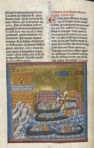 Naval battle between the fleets of Crete and Athens, with troops in a ship attacking a castle on the shore.