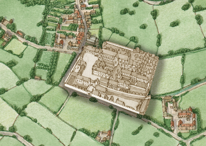 Bermondsey, London, circa 1600 with Inset of Pre-Reformation Abbey, 2021 (ink and watercolour, digital)