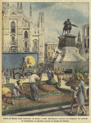 The color of Milan in the rebirth, in the midst of so much destruction and still in the turmoil of the period  (colour litho)