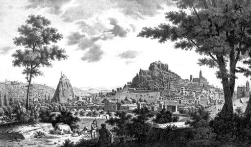 View of the city of Puy en Velay in France, place of pilgrimage on one of the main road to SaintJacques deCompostelle , engraving, 19th century
