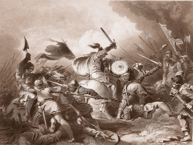 The Battle of Hastings, engraved by A.H. Payne (litho)