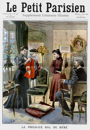 Frontpage of french newspaper "Le Petit Parisien" march 22, 1908: a child preparing for fancy dress ball