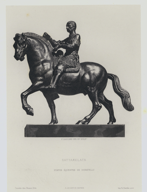 Bronze equestrian figure of theItalian Renaissance condottiero Gattemalata, by Donatello, 15th Century (engraving)