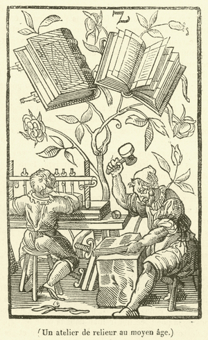 Un atelier de relieur au moyen age (engraving)