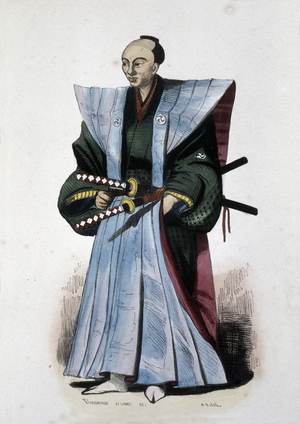 Japanese nobleman with weapons and ceremonial attire,1860 (engraving)