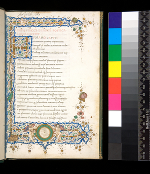 Ms 317. Horace, Ars Poetica and Sermones, f.1r. Illuminated incipit page with white vine-stem border and illuminated initial [H], 15th Century (parchment)
