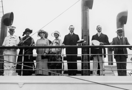 Calvin Coolidge and Frank B. Kellogg, the presidential yacht 'Mayflower', 1925 (b/w photo)
