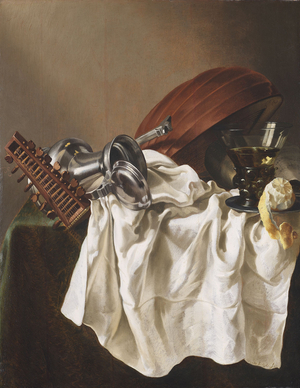 Still Life with Lute, Pewter Jug, Wine Glass and Lemon, 1640-50 (oil on oak wood)