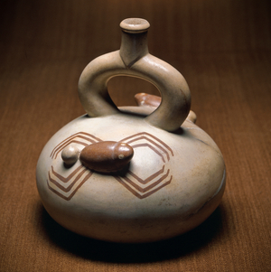 Moche ceramic vessel decorated with a painted and sculpted spider, 1989 (photo)