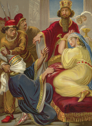 Haman asking his life of Queen Esther (chromolitho)