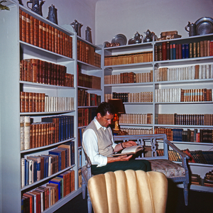 Baron Johannes Dieter von Malsen Ponickau relaxing at the library of Osterberg castle, Germany 1970