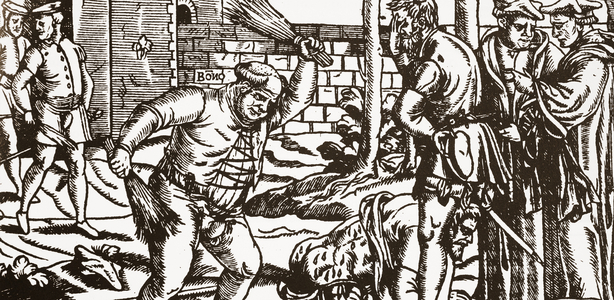 Bishop Bonner beating his prisoner, John Willes, in the orchard of his palace at Fulham (woodcut)