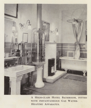 A high-class hotel bathroom, fitted with instantaneous gas water-heating apparatus (b/w photo)