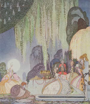 "Felicia thereupon stepped forth, and terrified though she was, saluted the Queen respectfully: with so graceful a curtsey", illustration from, In Powder and Crinoline: Old Fairy Tales, retold by Arthur Quiller-Couch (1863-1944), pub.1913 (colour litho)