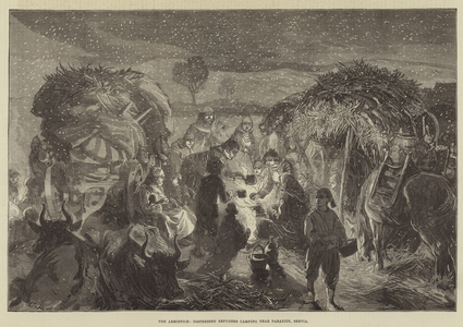 The Armistice, Distressed Refugees camping near Paratjin, Servia (engraving)