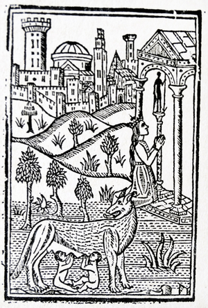 Woodcut depicting the mother of Rome's founders, Romulus and Remus