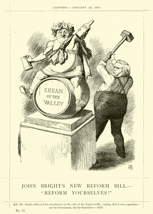 Punch cartoon regarding John Bright: John Bright's New Reform Bill, "Reform Yourselves!", 22 January 1870 (engraving)