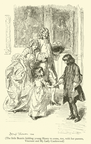 The little Beatrix bidding young Henry to come, too, with her parents, Viscount and My Lady Castlewood (engraving)