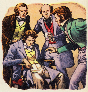 Dr James Young Simpson experimenting with anaesthesia on a friend (litho)