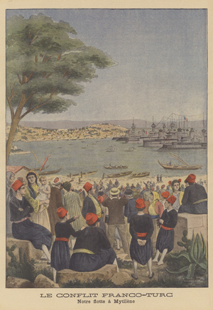 The French fleet at Mytilene, Lesbos (colour litho)