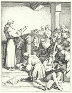 Martin Luther in a philosophy and theology lecture for his Bachelor's degree (engraving)