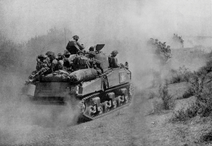 Soldiers Riding Tanks, 1942 (b/w photo)