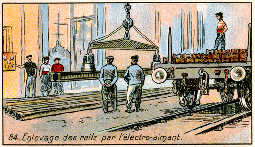 Science. Energy. Rails lifted by an electromagnet. Illustration from a series on the Wonders of Electricity, France, c.1910.